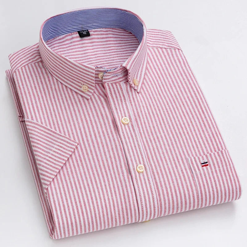 Men's high-quality Oxford cotton short sleeved shirt for summer comfort breathable classic solid color plaid business leisure Quick Pick Grocers